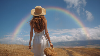 Woman in white dress and straw hat gazing at rainbow in summer field
