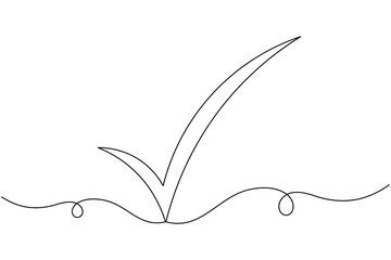 Approval check mark icon continuous one line drawing on white background minimalist tick symbol outline vector illustration