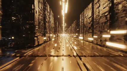 Sailing along a bustling city street, bright lights paint the scenery as towering buildings create an electrifying atmosphere. Fast-moving cars enhance the night’s energy.