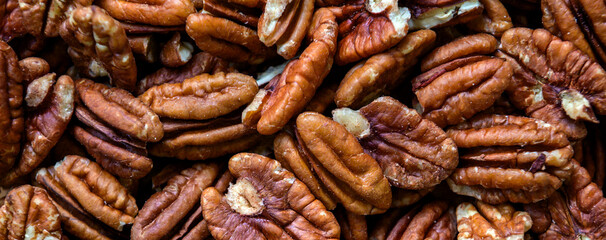 Pecan nuts. Close up of pecan nuts background.  Top view