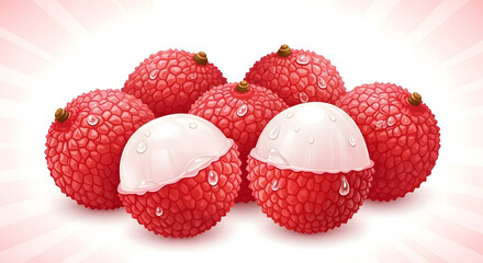 Realistic illustration of lychee fruits with peeled and unpeeled pieces, detailed texture and water drops on a white background.
