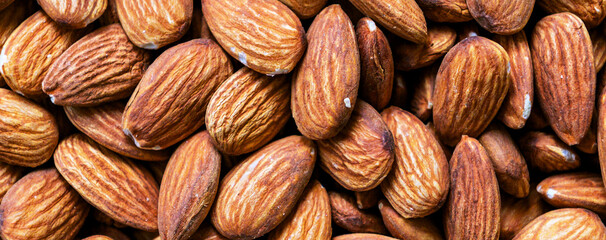 Almond. Close up of almond nuts background. Top view