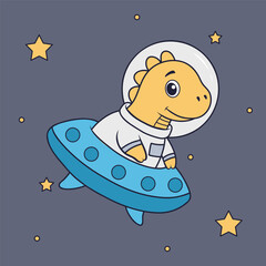Cute Yellow Dinosaur Astronaut Flying UFO Cartoon Vector