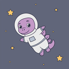 Cute Purple Dinosaur Astronaut Floating in Space Cartoon Vector