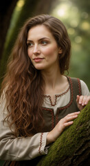 A beautiful young woman with long, flowing hair smiles gently in a sun-dappled forest, embodying a peaceful, natural mood.