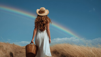 Woman in white dress and straw hat gazing at rainbow in summer field
