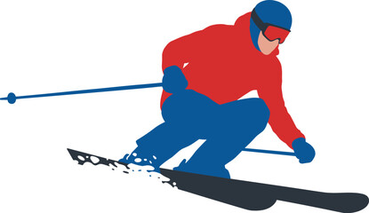 A skier in a red jacket and blue pants skiing down a slope