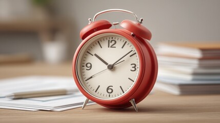 Classic Red Alarm Clock on Office Desk Surrounded by Papers and a Pen, Ideal for Atmosphere of Productivity and Time Management in Work Environment