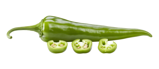 green anaheim pepper with slices on white background.