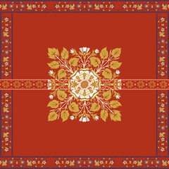 Ornate textile design featuring a central floral motif with yellow and white flowers and leaves, set against a rich red background. The design is bordered by intricate patterns with floral elements 