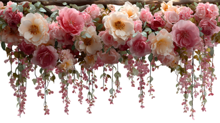 Cascading floral arrangement featuring pink roses and delicate wisteria blossoms against a creating a romantic and elegant aesthetic