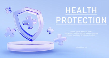 3d health protection landing page with podium, glass holographic shield and purple transparent crosses on blue background. Medical insurance platform, healthcare concept, web banner. 3D illustration