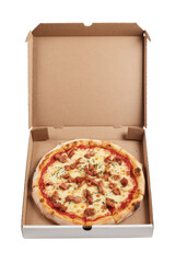 sausage pizza in cardboard box on white background