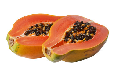 halved papaya fruit on white background.
