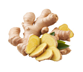fresh ginger rhizome with slices on white background