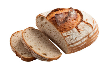 loaf of sourdough bread with slices isolated on white background.
