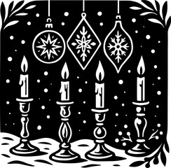 Holiday Candles And Hanging Ornaments Cozy Winter Papercut Silhouette