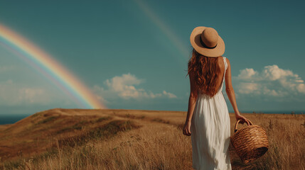 Woman in white dress and straw hat gazing at rainbow in summer field

