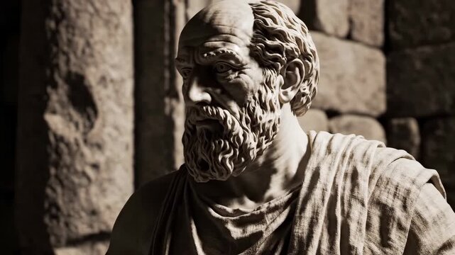 Ancient stone statue of a philosopher in a historic setting