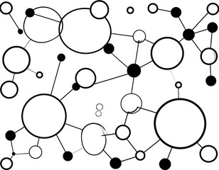 Abstract black and white design with interconnected circles and dots creating a network