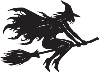 Mystical Witch Riding a Broomstick Silhouette - Ideal for Halloween, Magic, and Fantasy Themes, Featuring a Sorceress or Enchantress Character