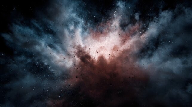 A vibrant cosmic nebula explodes with intense energy and swirling dust particles against a dark background