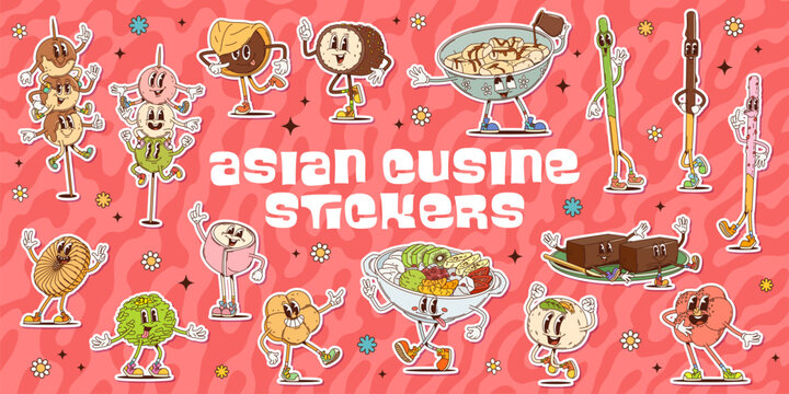 Groovy Asian cuisine characters stickers with funny Japanese desserts and sweets, cartoon vector. Groovy stickers with funny Japanese namagashi dessert or pocky stick biscuit and marmalade characters