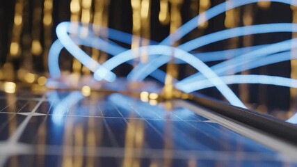 Brilliant blue and golden lights swirl playfully over a sleek solar panel. The urban night setting creates an enchanting atmosphere filled with innovation and creativity.