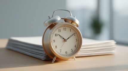Vintage alarm clock beside neat stack of documents in a bright office, emphasizing productivity and time management for business settings