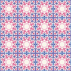 Intricate geometric pattern featuring interlocking star shapes and polygons in blue, pink, and white. The design comprises repeating motifs with interwoven lines forming symmetrical arrangements