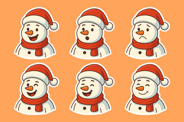 Set of Cute Snowman Cartoon Stickers with 6 Emotions - Christmas Holiday Character Avatar Collection Vector