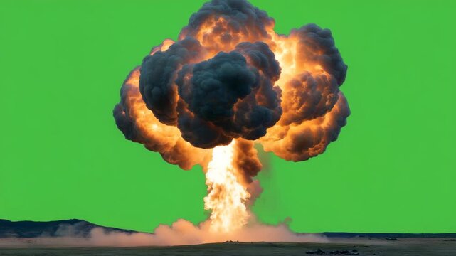 Massive Mushroom Cloud Explosion Green Screen Background Intense Fireball Smoke Debris Impact Blast