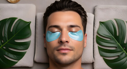 Man relaxing with eye patches on a spa bed surrounded by leaves  