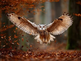Majestic owl with wings spread wide in a vibrant autumn forest