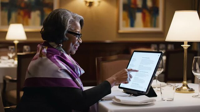 Mature woman use future technology on a tablet in fine dining for business and daily activities - Powered by Adobe