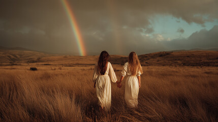 Two women walking hand in hand toward rainbow in sunset field
