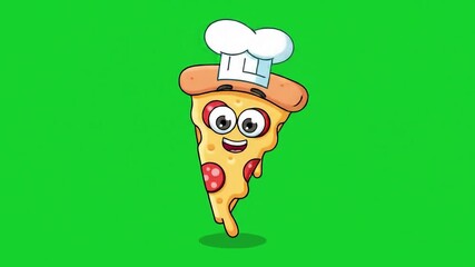 Animated pizza slice character with a chefs hat smiling and winking on a vibrant green screen background perfect for foodrelated content and fun culinary themes.