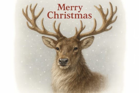 Reindeer head with impressive antlers in falling snow. Text 'merry christmas' for holiday greetings. Transparent background - Powered by Adobe