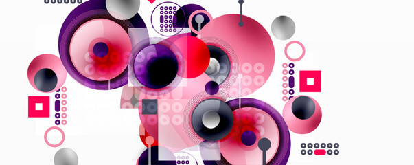 Obraz premium Abstract composition featuring overlapping circles, squares, dots. Pink, purple, black hues dominate white background. Modern design elements present.
