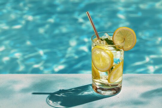 Refreshing iced lemonade served with a straw by the sparkling pool on a sunny day offering a perfect thirst quencher for summer enjoyment - Powered by Adobe