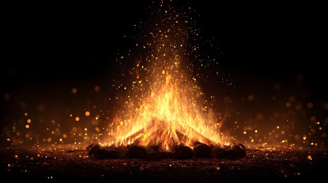 Intense bonfire burns brightly on dark ground casting sparks upward