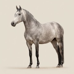 Obraz premium Elegant Arabian horse portrait standing in full profile in a light gray coat