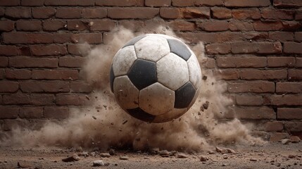 Dramatic Moment of Soccer Ball Shattering Brick Wall with Dust and Debris Flying in Intense Action Scene Captured in High-Quality Detail
