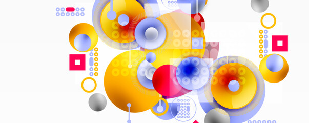 Abstract composition. Circles, squares, dots create vibrant, layered visual experience. Yellows, blues dominate design. Modern, playful aesthetic.