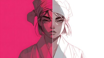 Artistic depiction of a woman's face split between vibrant color and line art