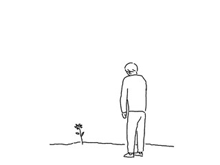 一輪の花を見つめる男性の後ろ姿、線画