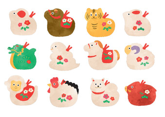 十二支の置物のイラストセット　水彩タッチ