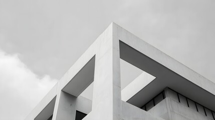 Minimalist architectural structure forms sharp geometric shapes against a pale overcast sky