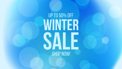 Winter Sale Commercial Banner. Winter season sale promotional background with blue colored blurred gradients and bokeh effect. Vector illustration.