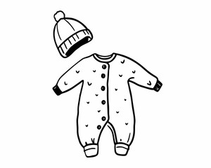 Illustration of baby clothes, a onesie and a hat